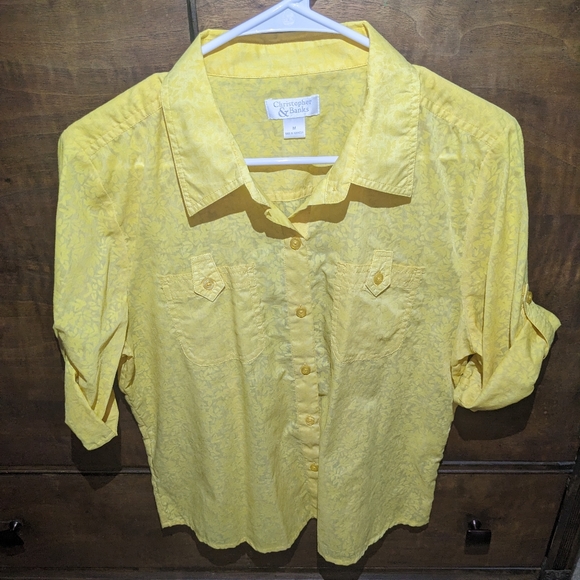 Christopher & Banks Button Tab Sleeve Top / Yellow Floral Pattern Shirt - Picture 3 of 12